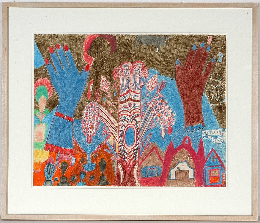Nellie Mae Rowe. Peace.: Nellie Mae Rowe. Peace. Signed. Not dated. Crayon and colored pencil on poster. Excellent condition. Strong colors. Image is 24”w x 19”h. Frame is 32”w x 27”h. Est. $2,000-4,000. Ship: $75