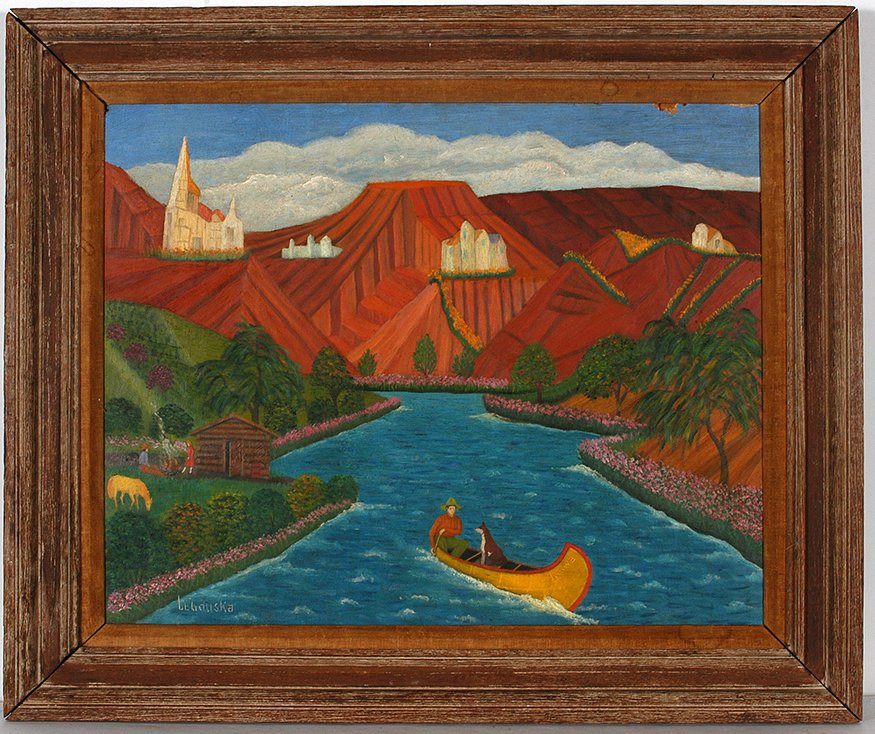 Lawrence Lebduska. Kiowa River Trip.: Lawrence Lebduska. Kiowa River Trip. Signed. Not dated. Oil on masonite. Very large example. Image is 29” w x 23”h. Frame is 38” w x 23”h. Some in-painting, otherwise good condition. Est. $1,0