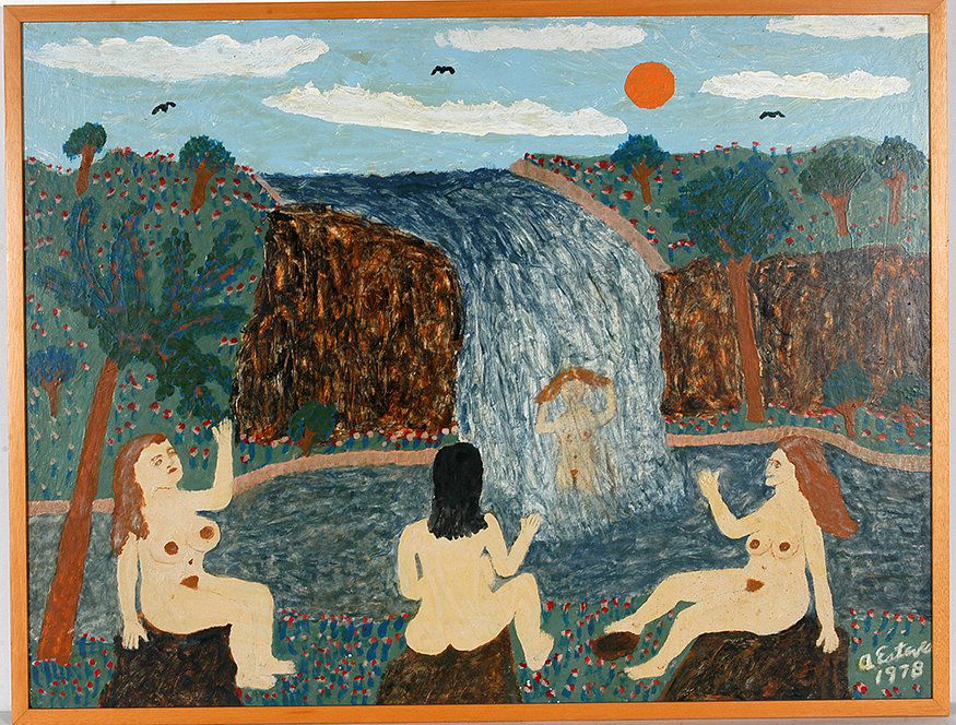Antonio Esteves. Nudes At The Waterfall.: Antonio Esteves. Nudes At The Waterfall. 1978. Signed and dated. Oil on masonite. Excellent condition. Size with frame is 32” w x 25”h. Provenance: The Gitter Family Collection. Est. $2,000-3,000.