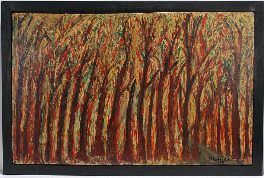 Antonio Esteves. Forest.: Antonio Esteves. Forest. 1973. Signed and dated. Oil on board. Excellent condition. 41”w x 27”h including frame. Provenance: ex. Bishop / Johnson Collection. Est. $1,000-1,500. Ship: $85