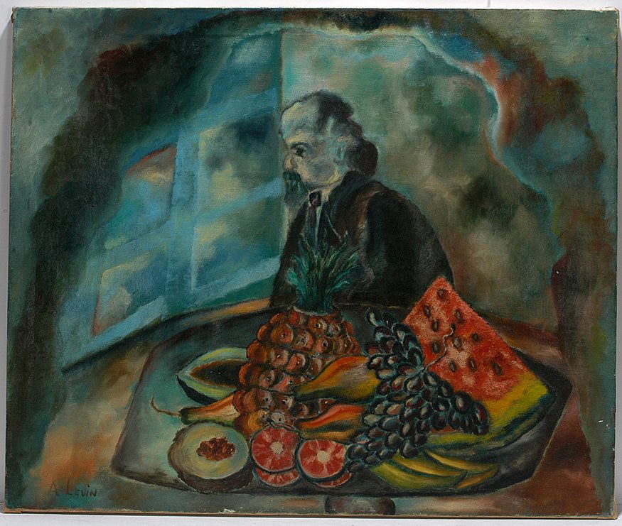Abraham Levin. Man With Still Life.: Abraham Levin. Man With Still Life. c. 1940’s. Signed. Not dated. Oil on canvas. Early minor repair, otherwise great condition. 36” w x 30”h. Provenance: ex. Bishop / Johnson Collection. Est. $1