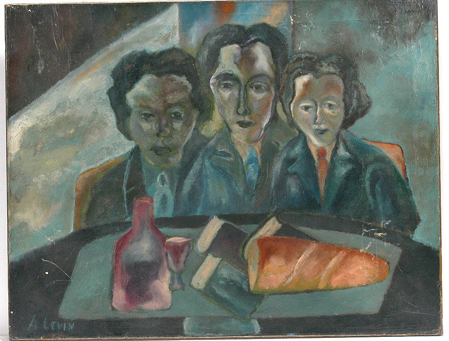 Abraham Levin. Sharing Bread And Wine.: Abraham Levin. Sharing Bread And Wine. c. 1940-47. Signed. Not dated. Oil on canvas. 28” w x 22”h. Minor rubs and canvas dents, otherwise good condition. Illustrated in American Folk Art Of The Tw