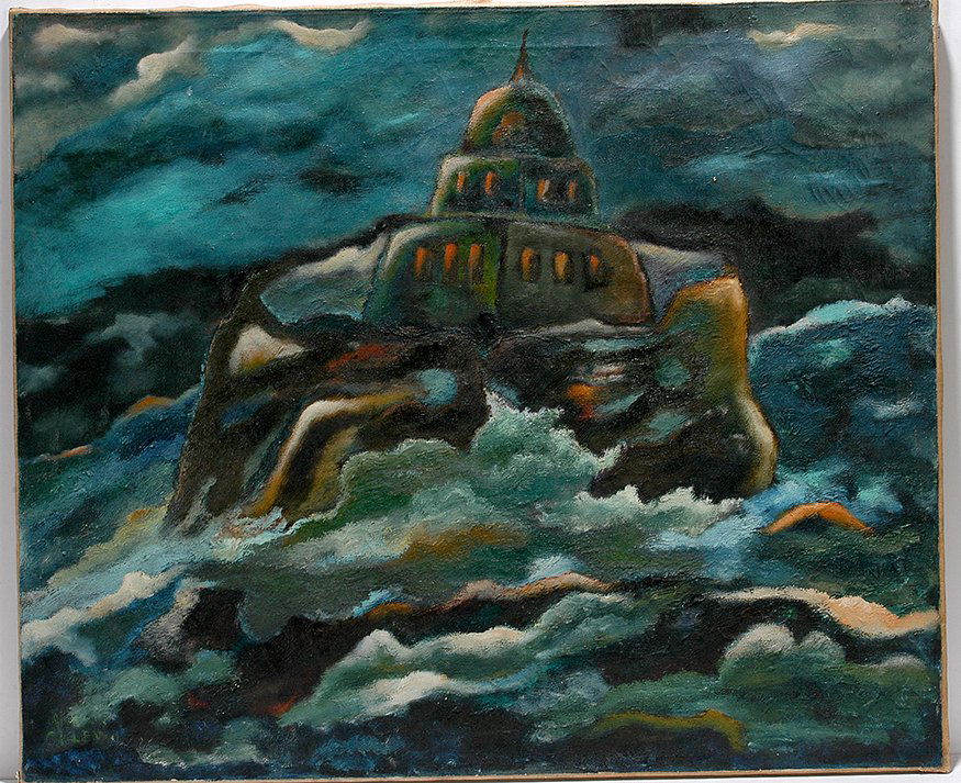 Abraham Levin. Light House In Rough Sea.: Abraham Levin. Light House In Rough Sea. c. 1940’s. Signed. Not dated. Oil on canvas. Minor paint thinning and crazing, otherwise great condition. 36”w x 30”h. Provenance: ex. Bishop / Johnson C