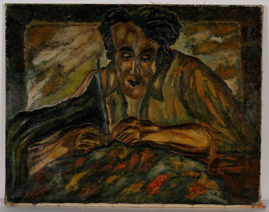 Abraham Levin. The Tailor: Abraham Levin. The Tailor. c. 1940’s. Signed. Not dated. Oil on canvas. 2 inch tear in middle left and minor 1 inch tear in middle right, otherwise good condition. 28” w x 22”h. Illustrated in A