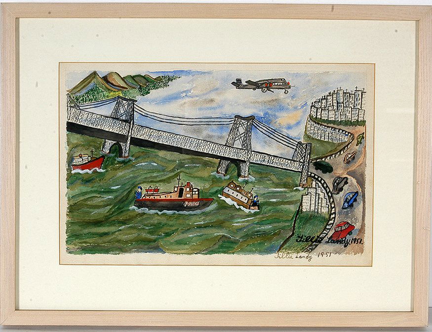 Till Landy. George Washington Bridge, NYC.: Till Landy. George Washington Bridge, NYC. 1951. Signed and dated. Watercolor and marker on paper. Excellent condition. Image is 16”w x 10”h. Frame is 22”w x 16”h. Est. $1,000-2,000. Ship: $45
