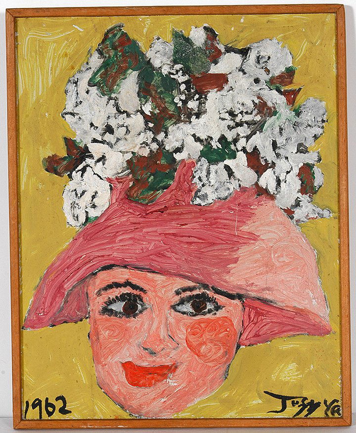 Justin McCarthy. Lady With Pink Hat.: Justin McCarthy. Lady With Pink Hat. 1962. Signed and dated. Paint on masonite. Great condition. 12” w x 15”h. Est. $1,000-1,500. Ship: $45