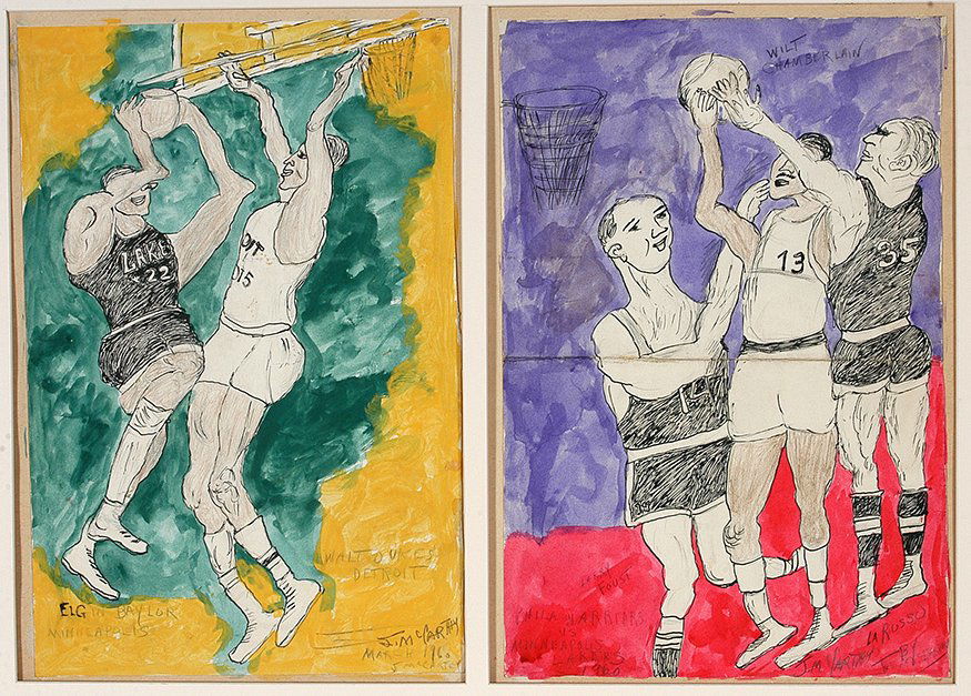 Justin McCarthy. Elgin Baylor & Wilt Chamberlain.: Justin McCarthy. Elgin Baylor and Wilt Chamberlain. 1960. Signed, dated and titled. Watercolor and ink on paper. Each is 12” w x 18”h. Provenance: The Gitter Family Collection. Est. $800-1,200. Sh