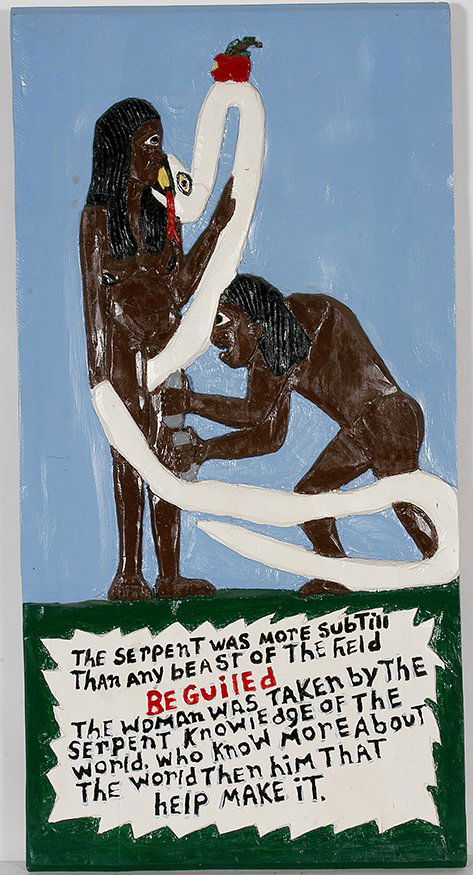 Herbert Singleton. Beguiled.: Herbert Singleton. Beguiled. c. 1999. Not signed or dated. Titled. Carved and painted cypress relief plaque. Excellent condition. 22” w x 43”h. Est. $2,000-3,000. Ship: $100