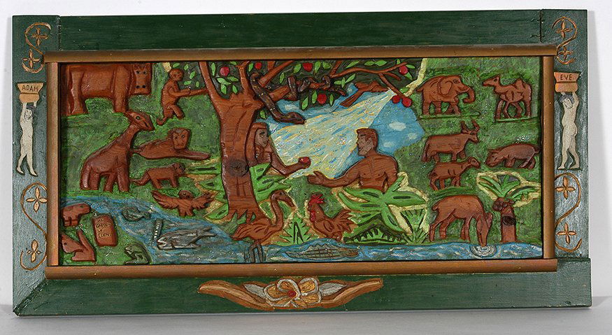 Leroy Almon. Adam & Eve In The Garden of Eden.: Leroy Almon. Adam and Eve In The Garden of Eden. 1980. Signed by Almon and dated, possibly with help from Elijah Pierce. Carved wood-relief plaque with paint and glitter. Excellent condition. 32” w