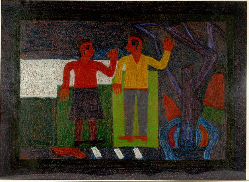 Eddie Arning. Couple Waving, #1057.: Eddie Arning. Couple Waving, #1057. Signed and numbered on back. Crayon on poster. Excellent condition. 22”w x 16”h. Est. $1,000-1,500. Ship: $45