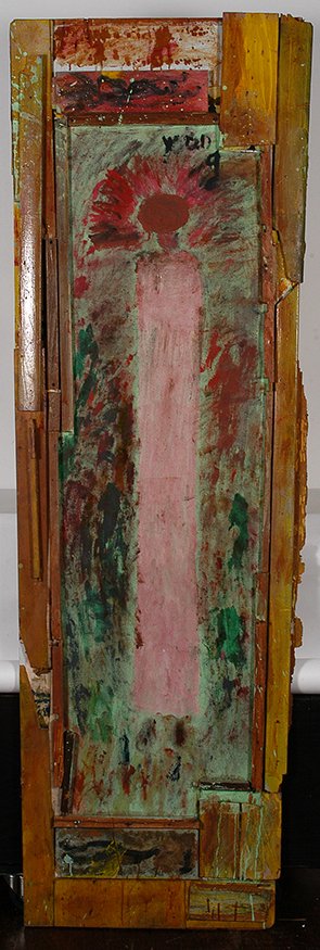 Purvis Young. Full Angel Figure.: Purvis Young. Full Angel Figure. Signed. Not dated. Paint on found canvas on environmental board. Great condition. 28”w x 91”h. Est. $1,000-2,000. Buyer is responsible for shipping.