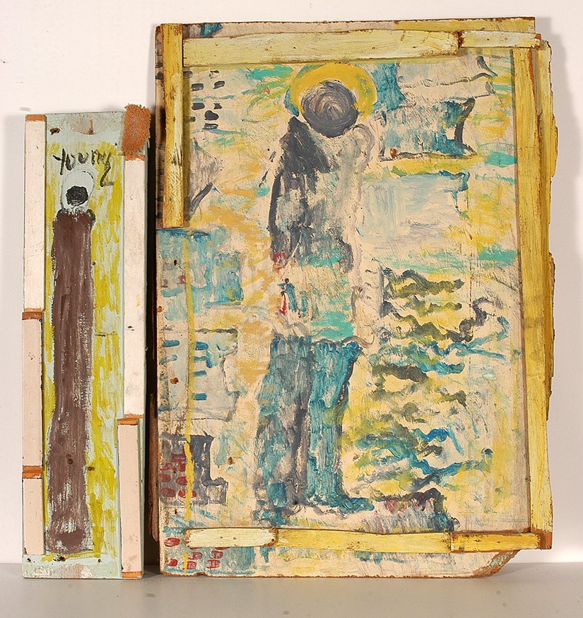 Purvis Young. Pair Of Tall Central Figures.: Purvis Young. Pair Of Tall Central Figures. Signed. Not dated. Paint on found board. Excellent condition. Largest is 24” w x 35”h. Est. $800-1,200. Ship: $75