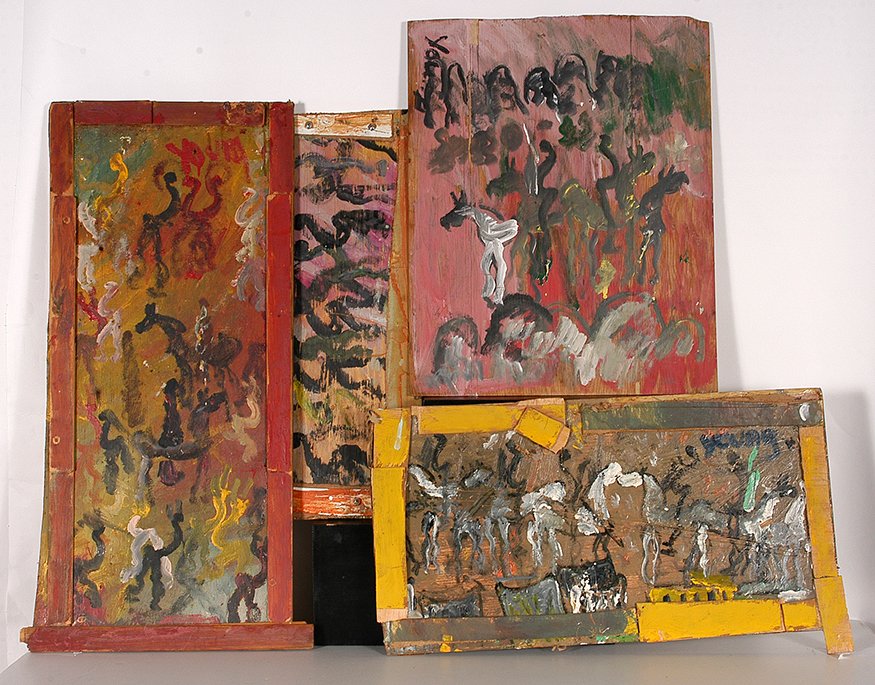 Purvis Young. Four Works.: Purvis Young. Four Works. Paint on found board scraps. Signed. Not dated. Good condition. Largest is 15”x 32”. Est. $300-500. Ship: $50