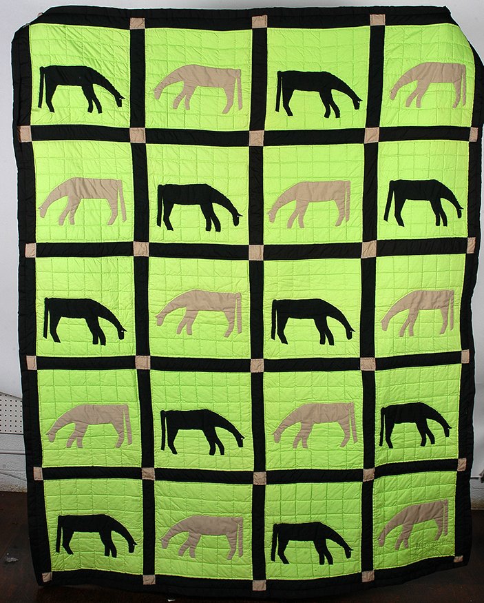 Minnie and Garland Adkins. Horse Quilt.: Minnie and Garland Adkins. Horse Quilt. 1990. Signed and dated. Hand-stitched cotton with light weight backing. Excellent condition. 69”w x 87”h. Est. $400-800. Ship: $35