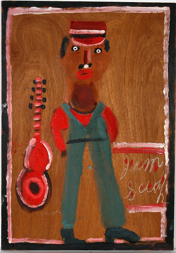Jimmy Lee Sudduth. Self-Portrait With Guitar.: Jimmy Lee Sudduth. Self-Portrait With Guitar. Signed. Mud and paint on plywood. Excellent condition. 24”w x 34”h. Est. $300-500. Ship: $55