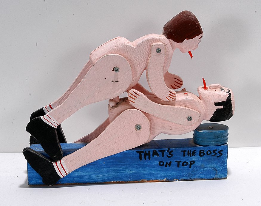 Hugo Sperger. That’s The Boss On Top.: Hugo Sperger. That’s The Boss On Top. Signed and titled. Not dated. Carved and painted wood with jointed moveable limbs. Chip in one foot, otherwise good condition. 11” x 2”x 9”. Property from