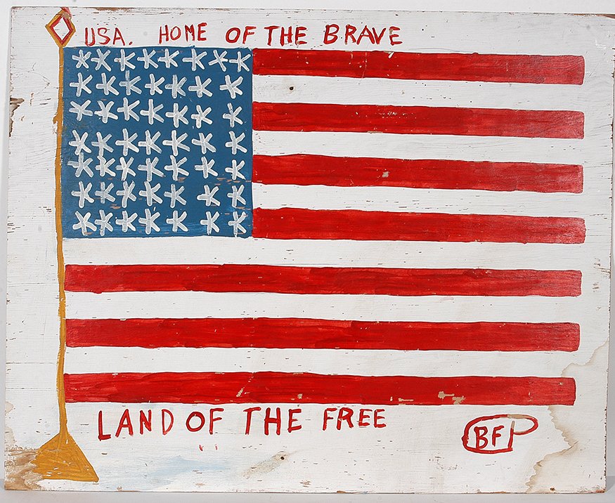 B.F. Perkins. Large American Flag.: B.F. Perkins. Large American Flag. Initialed. Paint on board. Water stains and paint loss, otherwise fair condition. 45” w x 36”h. Provenance: The Gitter Family Collection. Est. $200-400. Ship: $1