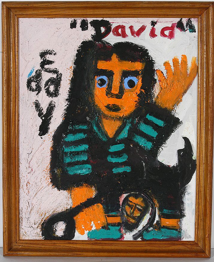 Eddy Mumma. David & Goliath.: Eddy Mumma. David & Goliath. Double-sided. Signed and titled. Heavy oil on canvas panel. Excellent condition. Size with frame is 18”w x 22”h. Est. $800-1,200. Ship: $45