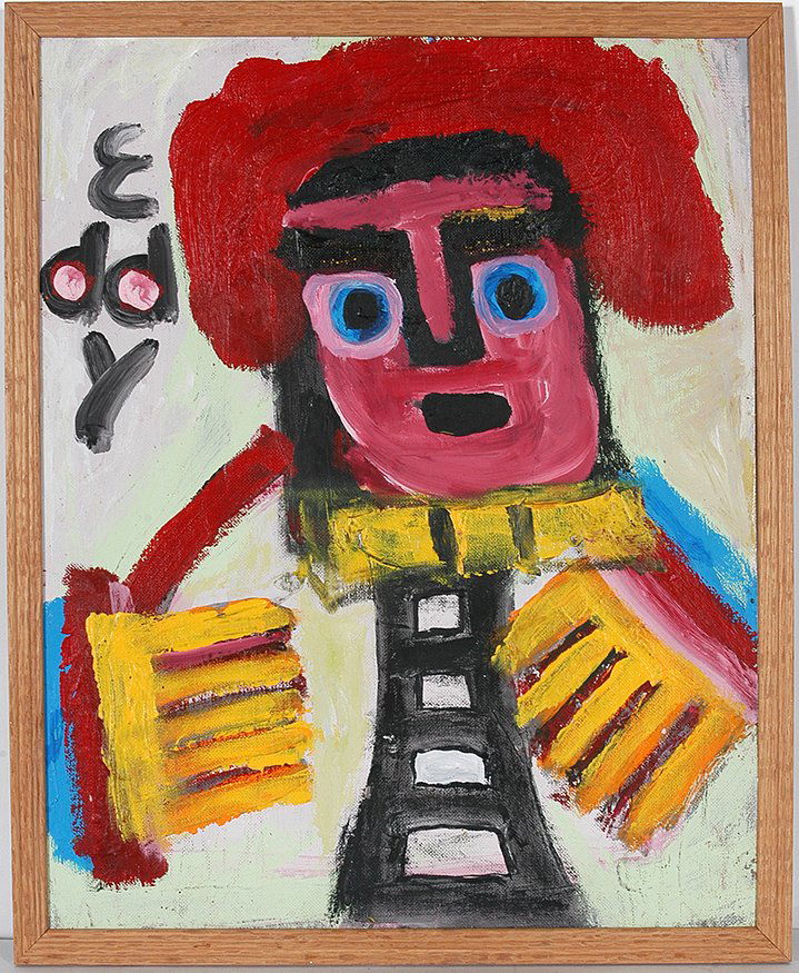 Eddy Mumma. Red Hat and Yellow Hands.: Eddy Mumma. Red Hat and Yellow Hands. Signed. Not dated. Oil on masonite. Excellent condition. 17” w x 21”h. Est. $300-500. Ship: $45