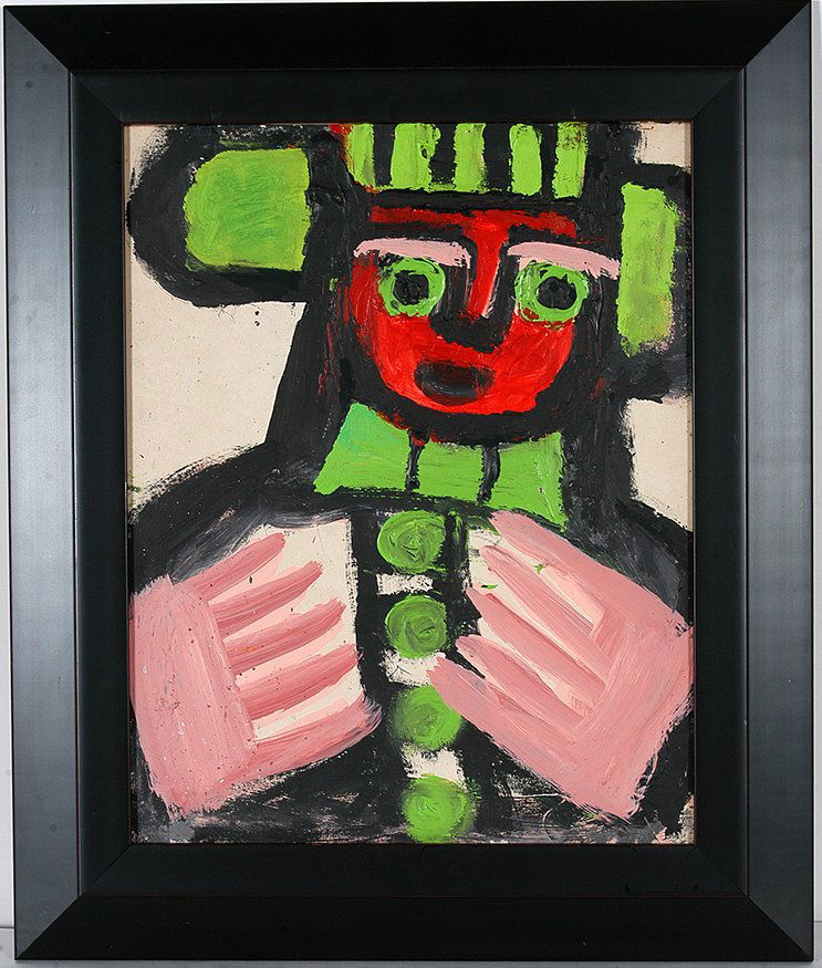 Eddy Mumma. Green Hat With Red Face.: Eddy Mumma. Green Hat With Red Face. Not signed or dated. Heavy oil on cardstock. Excellent condition. Size with frame is 18” w x 22”h. Est. $300-500. Ship: $45