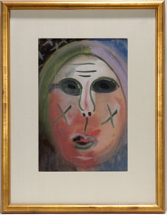 Sybil Gibson. Face.: Sybil Gibson. Face. 1964. Signed and dated. Early work. Tempera on paper. Excellent condition. Strong image. Size is 11”w x 16”h. Frame is 19” w x 24”h. Est. $1,000-2,000. Ship: $55