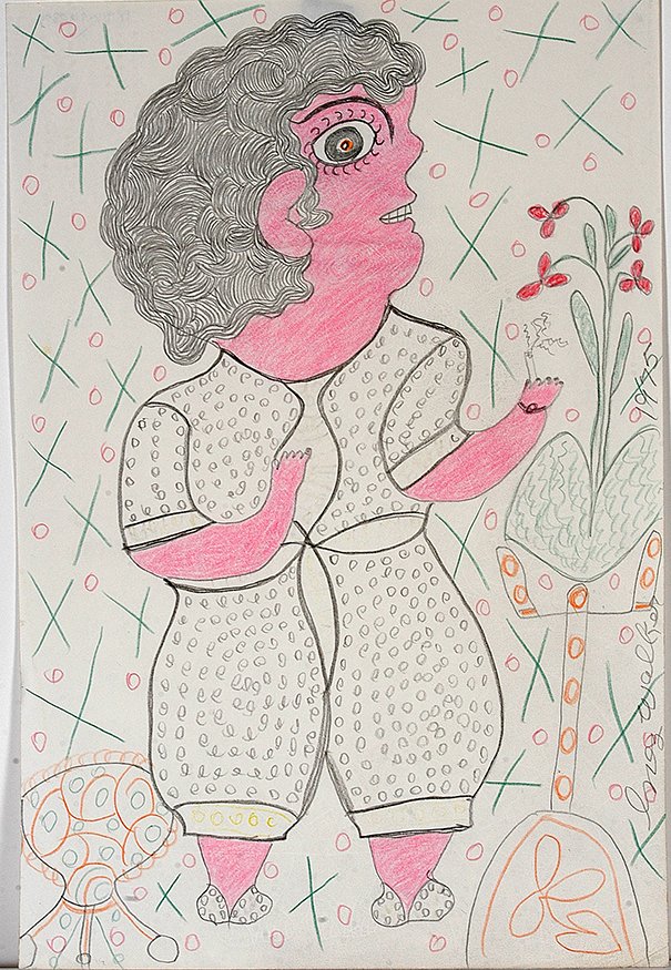Inez Nathaniel Walker. Bad Girl With Cigarette.: Inez Nathaniel Walker. Bad Girl With Cigarette. 1975. Signed and dated. Colored pencil on paper. Excellent condition. 12” x 18”h . Property from Collection of Pat Parsons, proceeds to benefit the 
