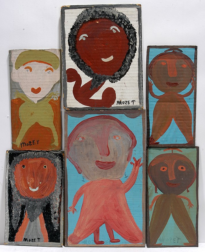 Mose Tolliver. Six Portraits.: Mose Tolliver. Six Portraits. Signed. Not dated. Paint on cardboard and wood. Great condition. Largest is 8” x 14” h. Some very nice early works. Provenance: ex. Bishop / Johnson Collection. Est. 
