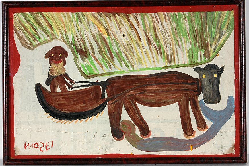 Mose Tolliver. Man Plowing With Mule.: Mose Tolliver. Man Plowing With Mule. c. 1991. Signed. Paint on found environmental sign. Very nice early example. Holes from original sign, otherwise excellent condition. Size with frame is 25” w x