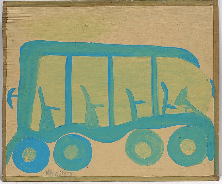 Mose Tolliver. Montgomery Bus Boycott.: Mose Tolliver. Montgomery Bus Boycott. Signed. Not dated. Mixed paints on board. Excellent condition. 22”w x 19”h. Very nice example. Not the absence of riders in honor of the Montgomery Bus Boyco