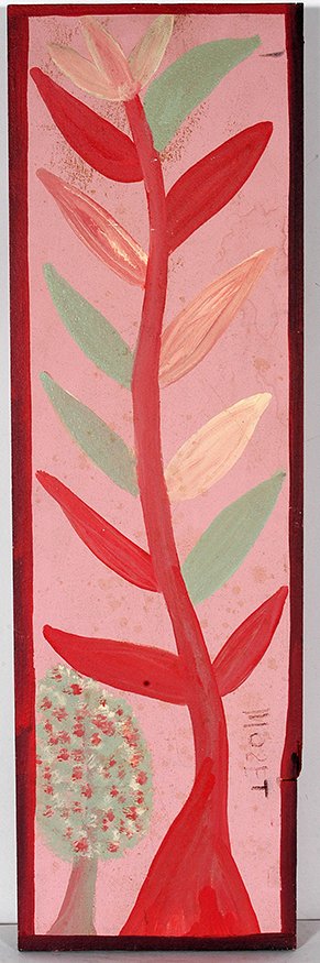 Mose Tolliver. Tulip.: Mose Tolliver. Tulip. c. 1970’s. Very nice early example of Mose’s work. Signed. Not dated. Paint on board. Some foxing, otherwise great condition. 9.5” w x 31”h. Est. $300-500. Ship: $45
