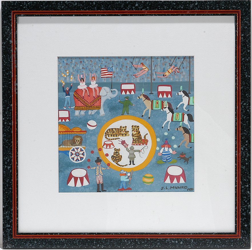 Janet Munro. Center Ring Of The Circus.: Janet Munro. Center Ring Of The Circus. 1989. Signed and dated. Paint on paper. Excellent condition. Image is 10” x 10”. Frame is 17”w x 17”h. Provenance: ex. Bishop / Johnson Collection. Est.