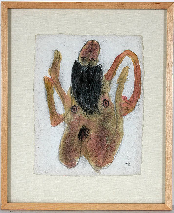 Thornton Dial. Flexible Nude Woman.: Thornton Dial. Flexible Nude Woman. Initialed. Not dated. Watercolor, graphite and marker on artist rag paper. Excellent condition. Image is 9.5” w x 12.5” h. Frame is 15” w x 18”h. Est. $800-