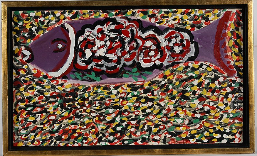 Thornton Dial. Fish, Love, Flowers.: Thornton Dial. Fish, Love, Flowers. 1989. Not signed. Enamel on wood with applied tin. Excellent condition. 22.5” w x 14”h including frame. Provenance: ex. The Arnett Collection. Est. $800-1,200.