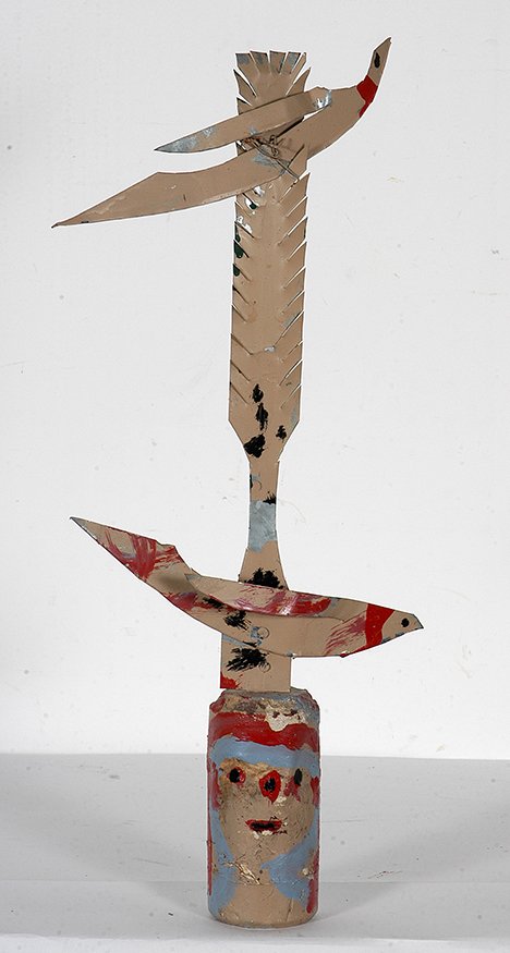 Thornton Dial. Totem.: Thornton Dial. Totem. Not signed or dated. Weighted coke can with painted tin cut out. good condition. 19”h. Est. $200-300. Ship: $35