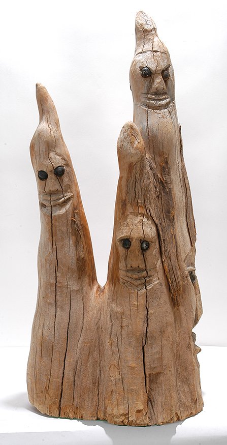 Jesse Aaron. FacesIn Needles.: Jesse Aaron. FacesIn Needles. c. 1970’s. Not signed. Carved cypress stumps with plastic eyes. Excellent condition. 13” x 10” x 29”h. Est. $800-1,200. Ship: $75