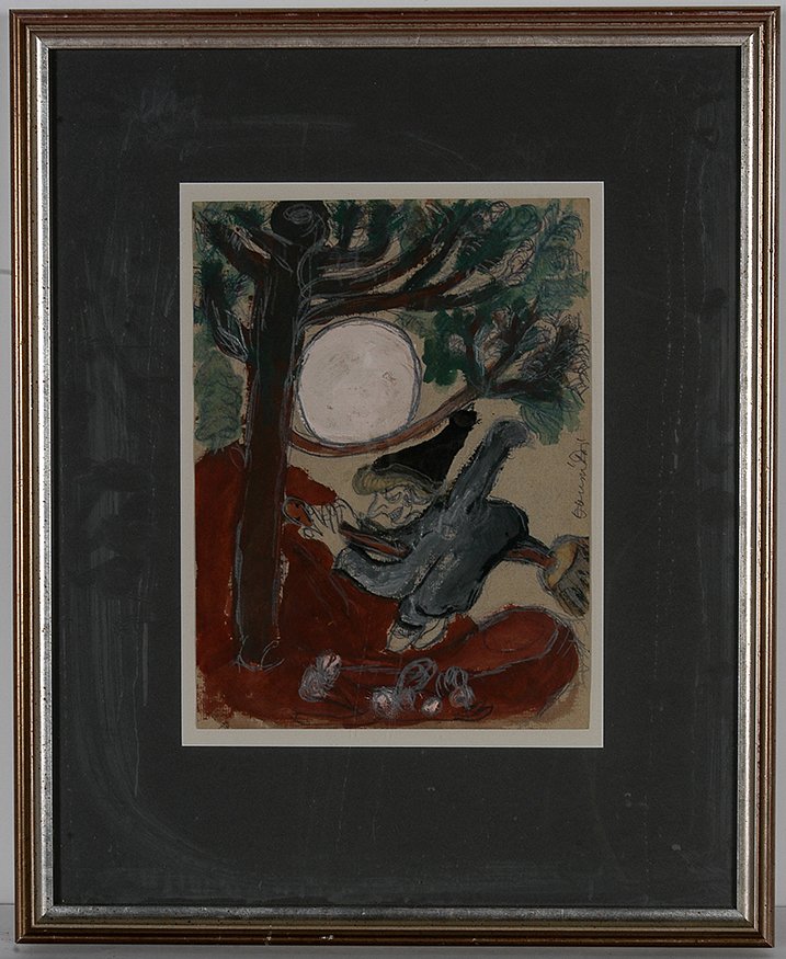 Juanita Rogers. Witch Riding Broom At Full Moon: Juanita Rogers. Witch Riding Broom At Full Moon. Signed. Not dated. Paint and pencil on cardstock. Excellent condition. Image is 9” w x 12”h. Frame is 17” w x 21”h. Provenance: The Gitter Fami
