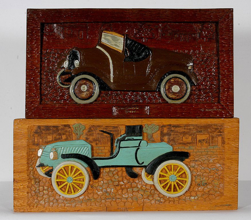 Albert Hoffman. Rambler 1902 and Chevrolet 1915.: Albert Hoffman. Rambler 1902 and Chevrolet 1915. 1982 & 1977. Signed, dated and titled. Wood-relief carved and painted plaque. Excellent condition. Average size is 24”w x 10”h. Est. $500-1,000. Sh