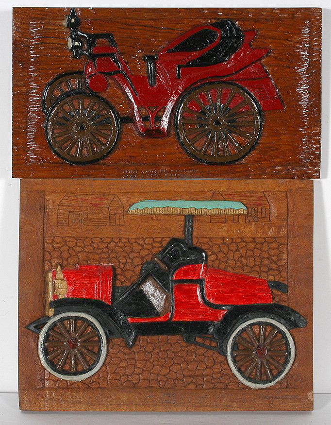 Albert Hoffman. Red 1905, Benz’s Gasoline-Powered Auto.: Albert Hoffman. Red 1905, Benz’s Gasoline-Powered Automobile. 1978, 81. Signed, dated and titled. Carved and painted mahogany wood relief plaque. Excellent condition. Largest is 17” w x 13”h. Es