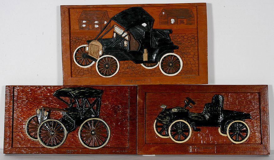 Albert Hoffman. Three Vintage Cars.: Albert Hoffman. Three Vintage Cars. Duryea Motor Wagon, 1910, Haynes Apperson 1901 and Ford Model T 1910. 1976, 79, 80. Signed, dated and titled. Carved and painted mahogany wood-relief plaque. Excell
