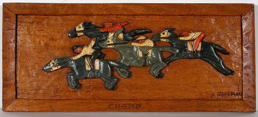 Albert Hoffman. Champs.: Albert Hoffman. Champs. 1973. Signed and dated. Carved and painted mahogany wood-relief plaque. Excellent condition. 22” w x 10”h. Est. $200-400. Ship: $45
