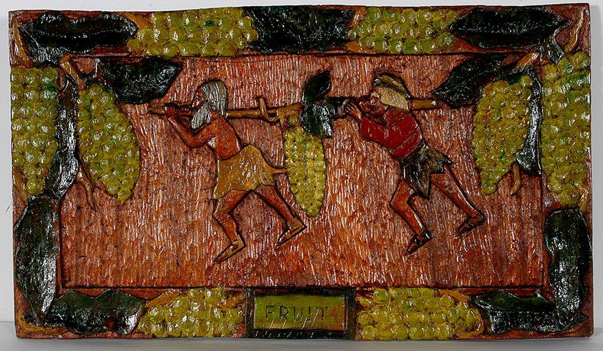 Albert Hoffman. Fruit.: Albert Hoffman. Fruit. 1984. Signed, dated and titled. Carved and painted mahogany wood-relief plaque. Excellent condition. 24” w x 14”h. Est. $300-500. Ship: $45