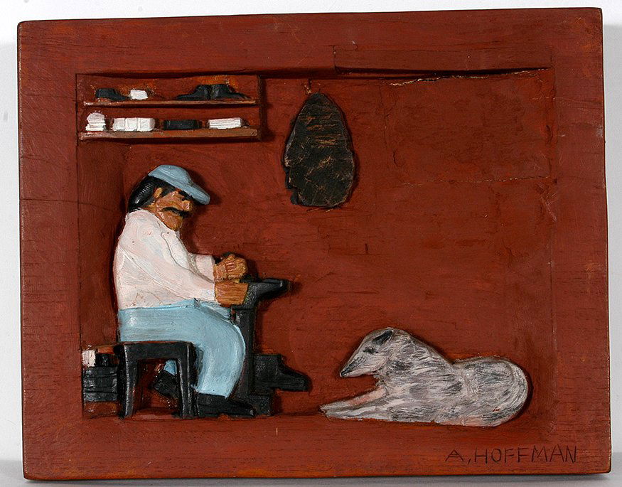 Albert Hoffman. Shoemaker.: Albert Hoffman. Shoemaker. Signed. Not dated. Carved and painted mahogany wood-relief plaque. 13” w x 10”h. Est. $200-300. Ship: $35