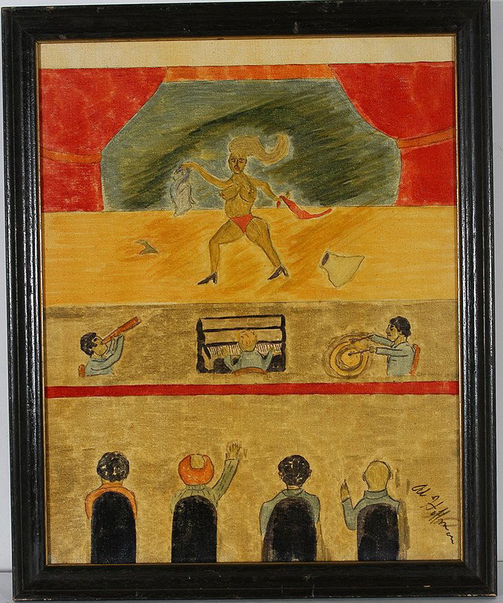 Albert Hoffman. Burlesque Strip Tease.: Albert Hoffman. Burlesque Strip Tease. Signed. Not dated. Paint, marker and varnish on canvas panel. Excellent condition. Size with frame is 18” w x 22”h. Est. $300-500. Ship: $45