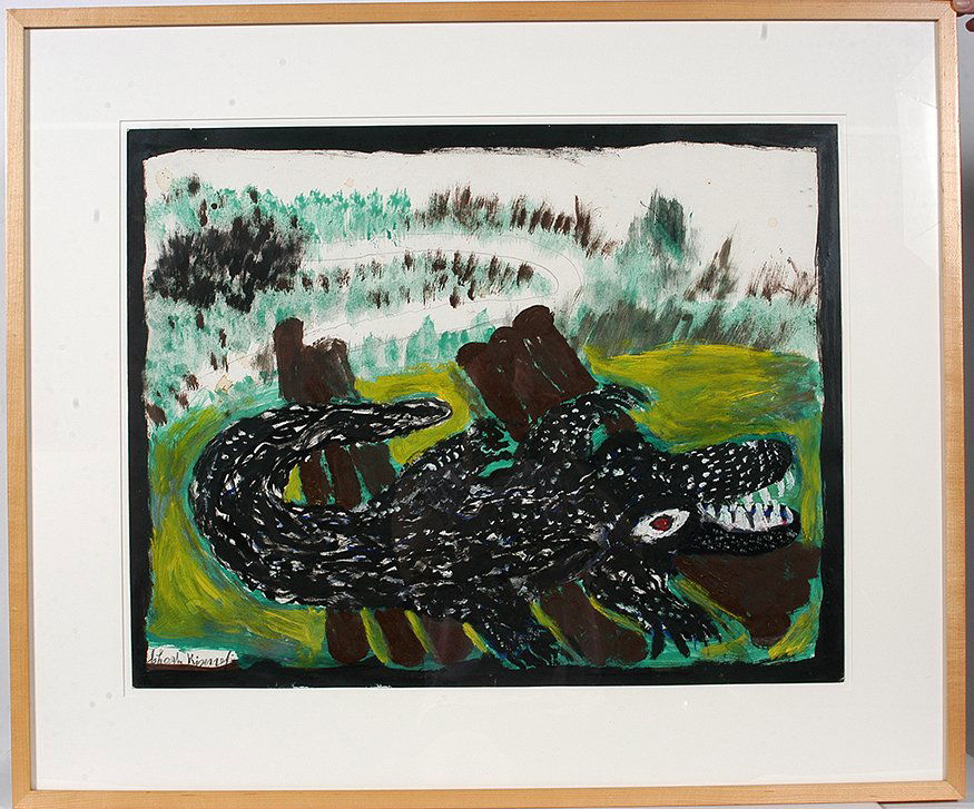 Charlie Kinney. Swamp Gator.: Charlie Kinney. Swamp Gator. Signed. Not dated. Paint and graphite on poster. Excellent condition. Image is 28” w x 22”h. Frame is 37” w x 32”h. Est. $400-600. Ship: $100