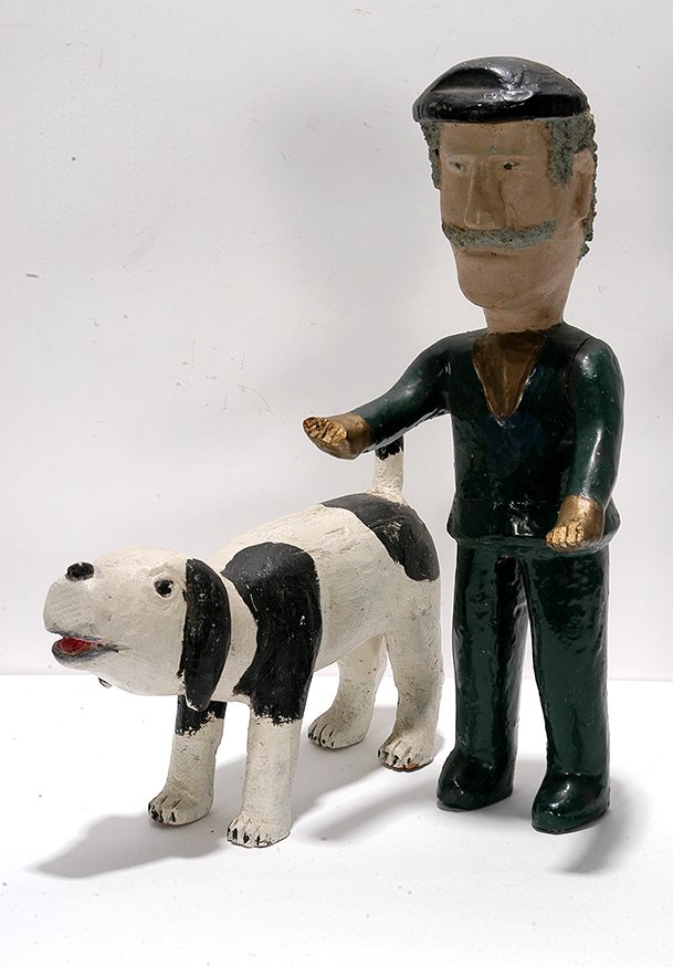 John Vivolo & Unknown. Man with Dog.: John Vivolo & Unknown. Man with Dog. Not signed or dated. Carved and painted wood with mixed media. Repair to arm and hands, otherwise fair condition. 15” h. Provenance: ex. Bishop / Johnson Collect