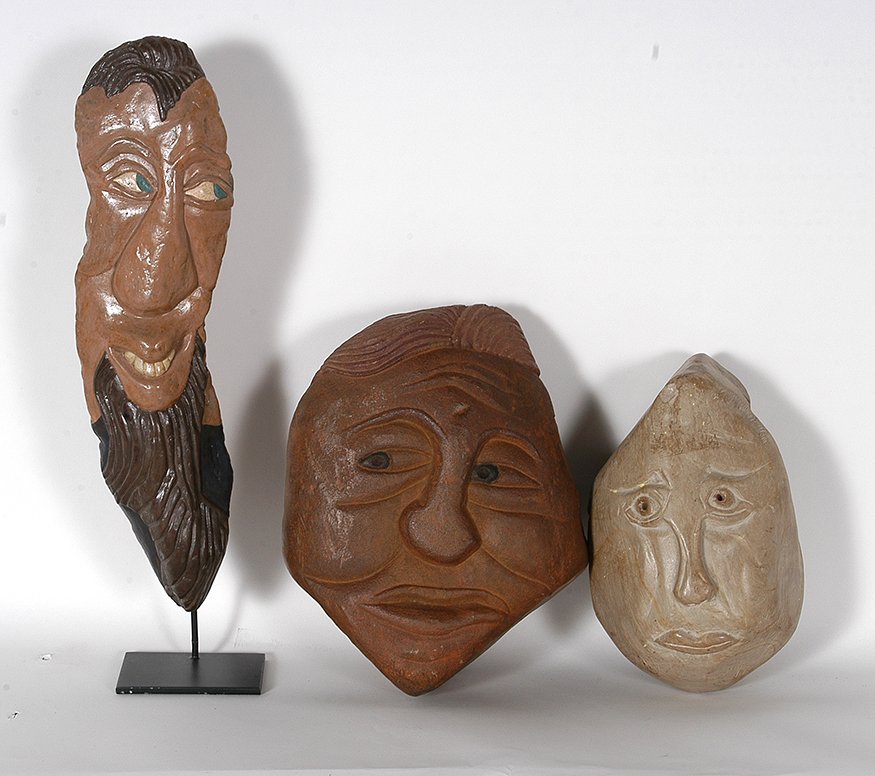 David Marshall. Three Faces.: David Marshall. Three Faces. Not signed or dated. Carved stone with paint. Excellent condition. Tallest is 16”h with display base. Est. $300-400. Ship: $65
