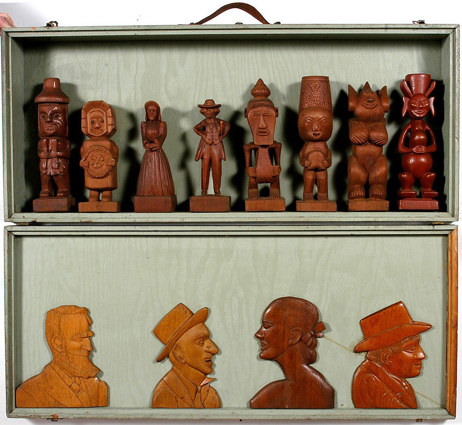 Philip Chabot. Eight Full Figures & Four Profiles.: Philip Chabot. Eight Full Figures & Four Profiles. c. 1940’s. Carved natural wood attached to homemade wooden painted box. Excellent condition. 17” x 40”. Est. $800-1,200. Ship: $150