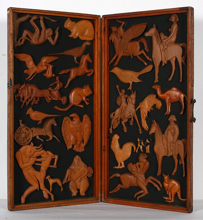 Philip Chabot. 20 Assorted Bird Carvings.: Philip Chabot. 24 Figures. c. 1940’s. Nudes, Horses, Animals, Gorillas and Others. Carved natural wood attached to homemade box. Excellent condition. 17” x 33”. Est. $800-1,200. Ship: $150