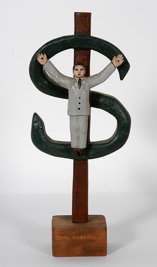 Casey Gardner. Oral Roberts.: Casey Gardner. Oral Roberts. 1987. Signed and dated. Carved and painted wood. Excellent condition. 15.5” w x 6.5”h. Est. $200-300. Ship: $45