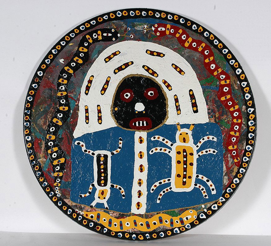 Richard Burnside. African King With Snakes.: Richard Burnside. African King With Snakes. Signed. Not dated. Photo of artist with piece. Paint on fiberglass table top. Excellent condition. 36” diameter. Provenance: A prominent Southern Collecti